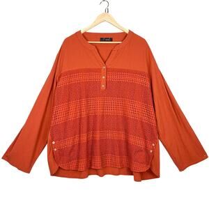 Oneine 5XL Women's Orange Long Sleeve Boho Gauzy Blouse Crochet Wood Button